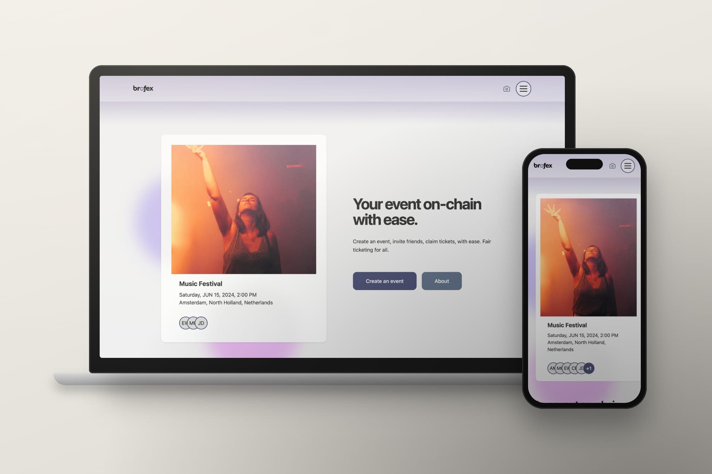 Mockup: the Brofex home page on a laptop and a phone: Your event on-chain with ease, beside an event card.