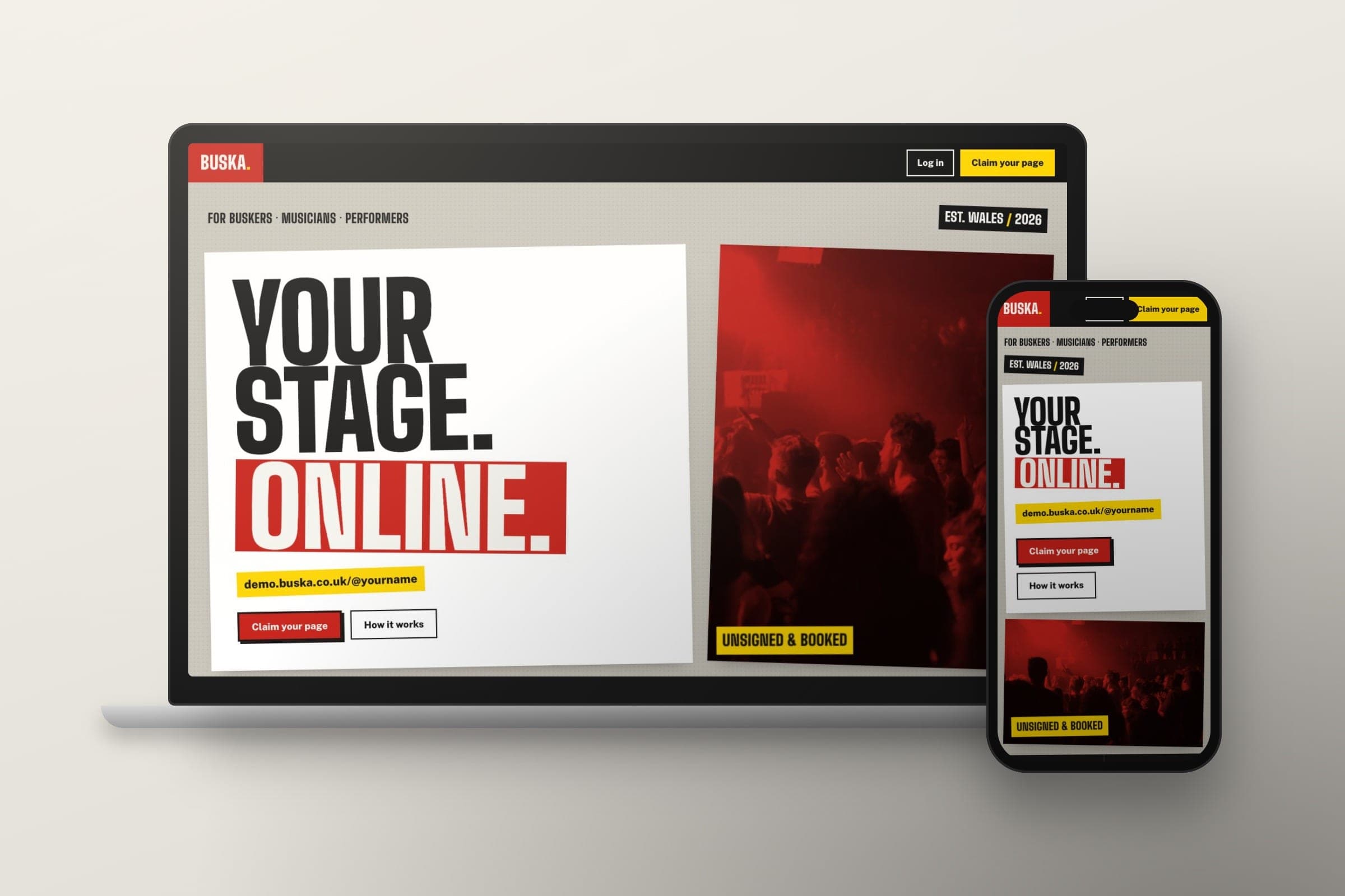 Mockup: the Buska home page on a laptop and a phone.
