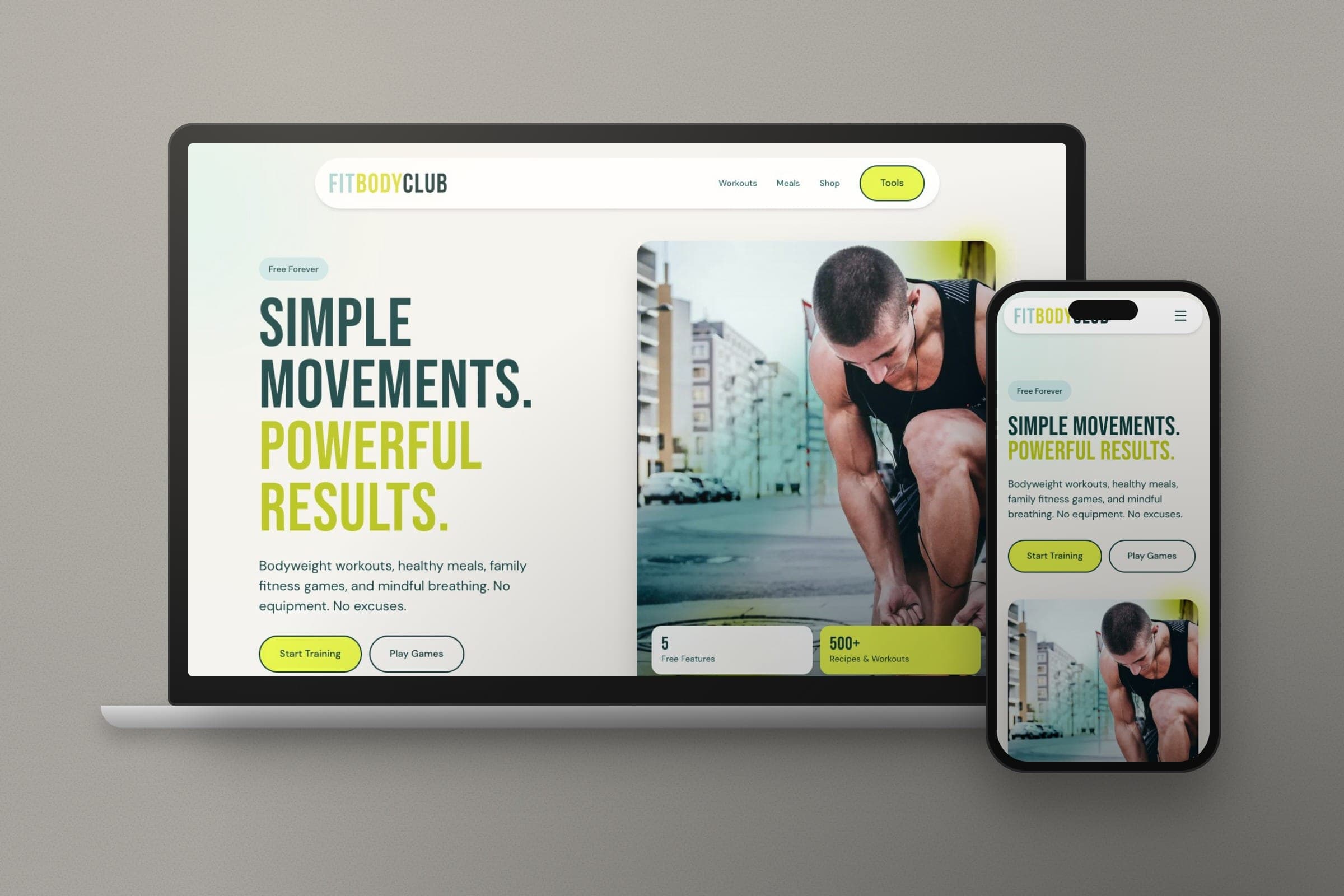 Mockup: the Fit Body Club home page on a laptop and a phone: Simple movements, powerful results.
