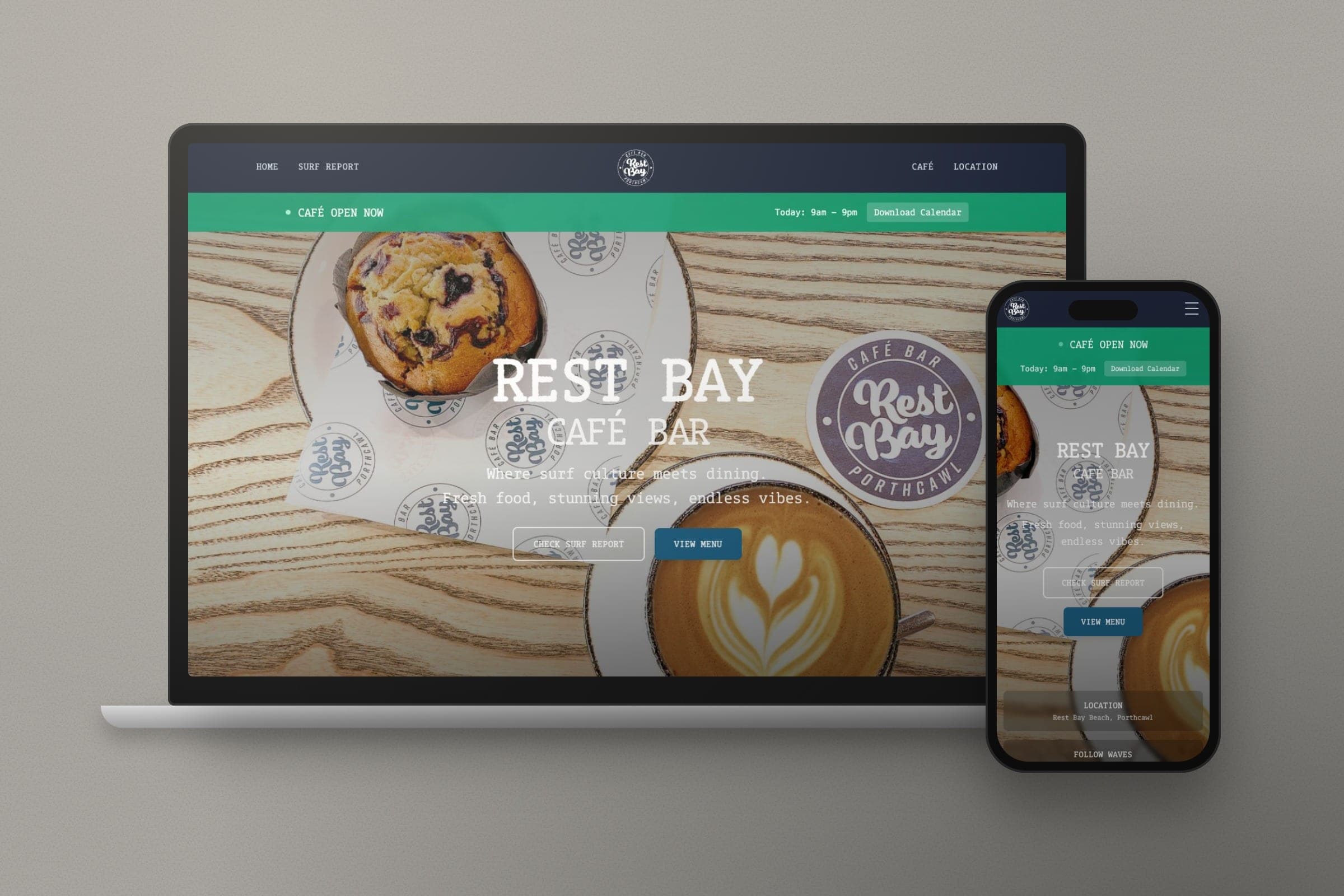 Mockup: the Rest Bay Café Bar home page on a laptop and a phone.